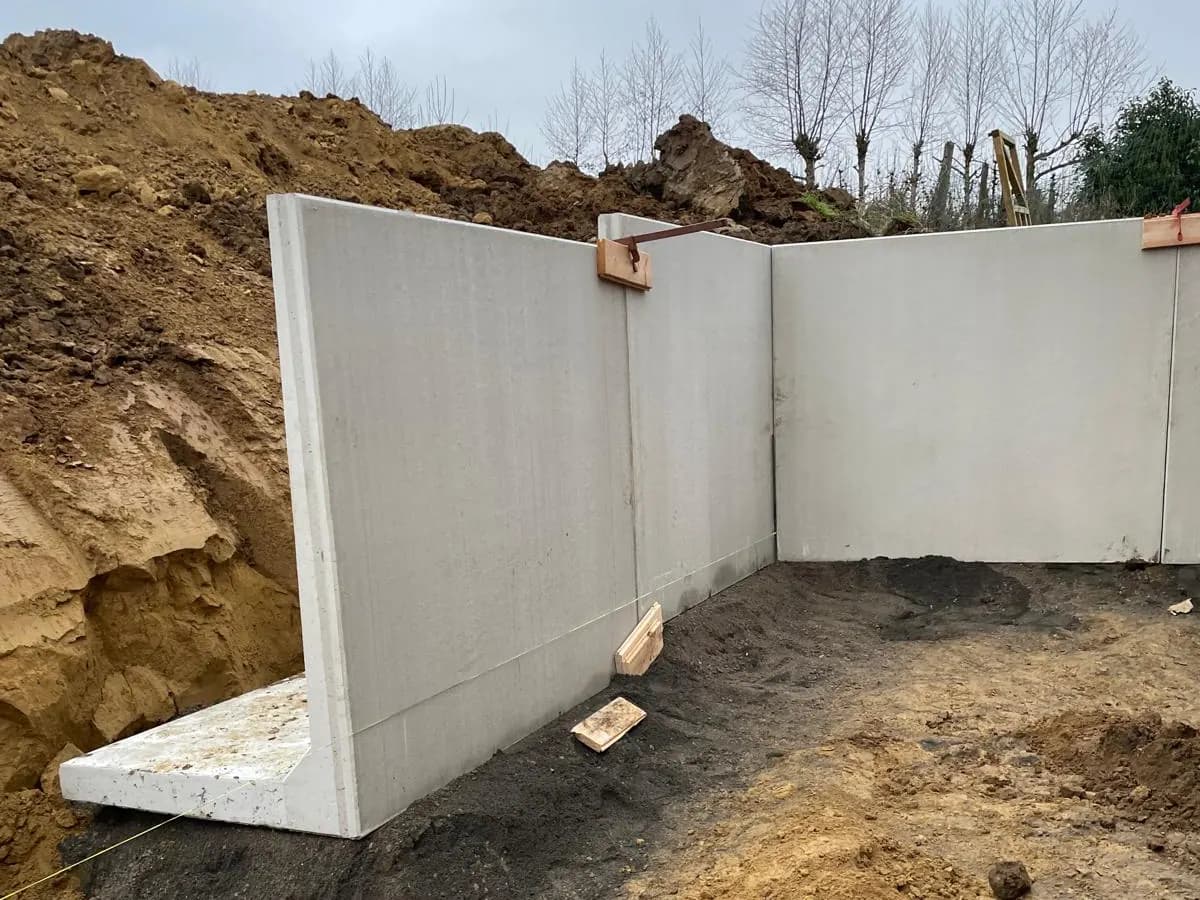 Prefab keerwand in L-elementen tegen het uitgegraven talud